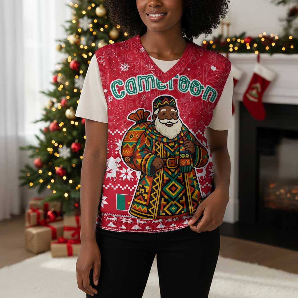 Cameroon Christmas Knitted V-Neck Vest Snowflake Pattern Traditional Santa and Map Motif - African Pride
