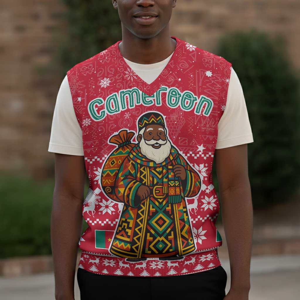 Cameroon Christmas Knitted V-Neck Vest Snowflake Pattern Traditional Santa and Map Motif - African Pride