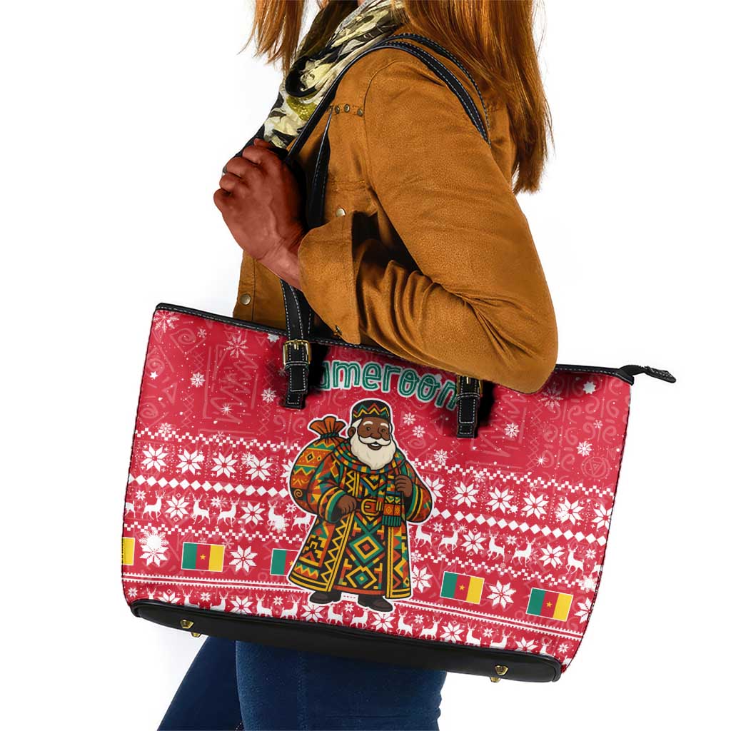 Cameroon Christmas Leather Tote Bag Snowflake Pattern Traditional Santa and Map Motif - African Pride