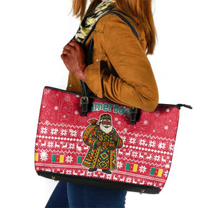 Cameroon Christmas Leather Tote Bag Snowflake Pattern Traditional Santa and Map Motif - African Pride