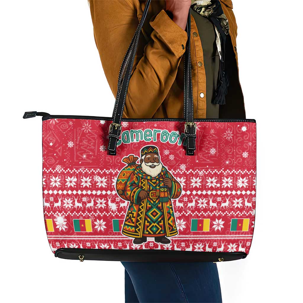 Cameroon Christmas Leather Tote Bag Snowflake Pattern Traditional Santa and Map Motif - African Pride