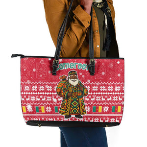 Cameroon Christmas Leather Tote Bag Snowflake Pattern Traditional Santa and Map Motif - African Pride