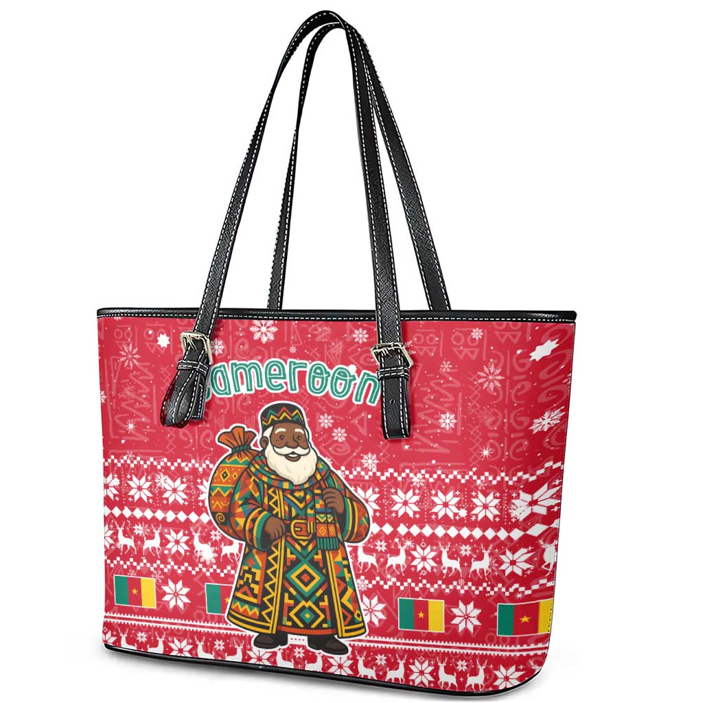 Cameroon Christmas Leather Tote Bag Snowflake Pattern Traditional Santa and Map Motif - African Pride
