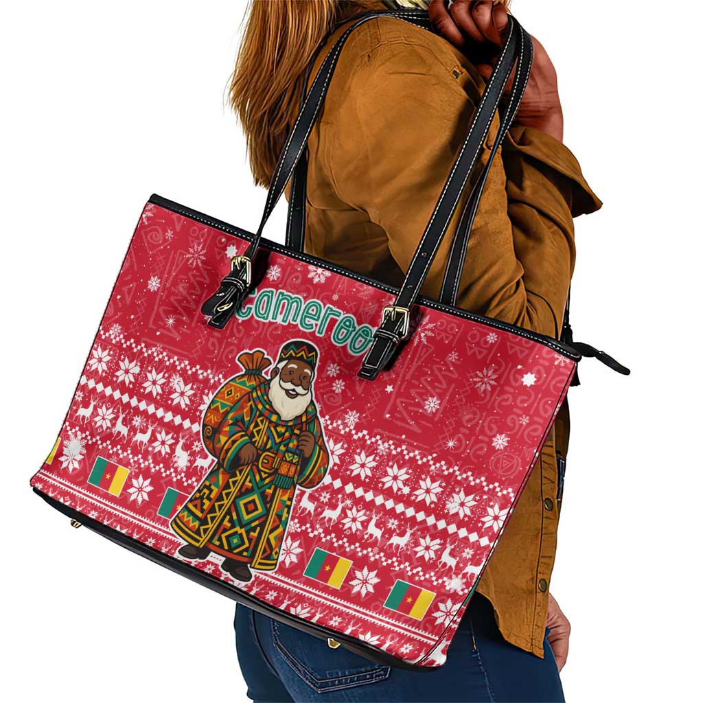 Cameroon Christmas Leather Tote Bag Snowflake Pattern Traditional Santa and Map Motif - African Pride