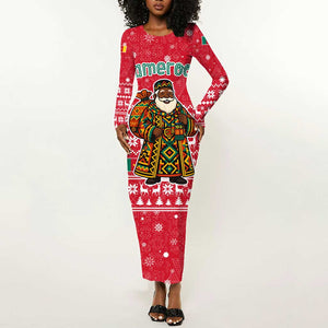 Cameroon Christmas Long Sleeve Bodycon Dress Snowflake Pattern Traditional Santa and Map Motif - African Pride