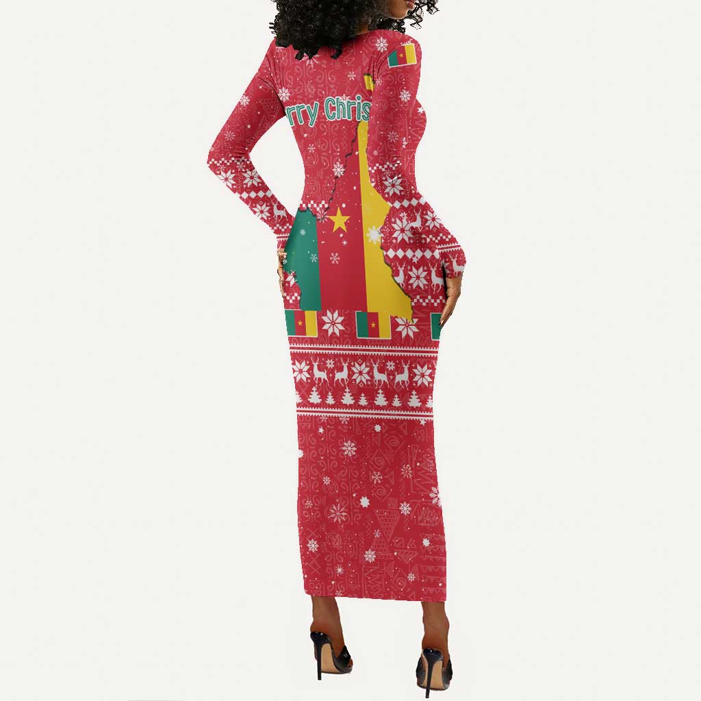 Cameroon Christmas Long Sleeve Bodycon Dress Snowflake Pattern Traditional Santa and Map Motif - African Pride