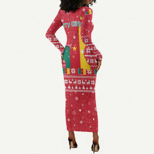 Cameroon Christmas Long Sleeve Bodycon Dress Snowflake Pattern Traditional Santa and Map Motif - African Pride