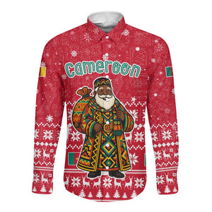 Cameroon Christmas Long Sleeve Button Shirt Snowflake Pattern Traditional Santa and Map Motif - African Pride