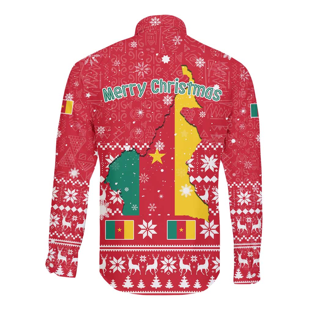 Cameroon Christmas Long Sleeve Button Shirt Snowflake Pattern Traditional Santa and Map Motif - African Pride