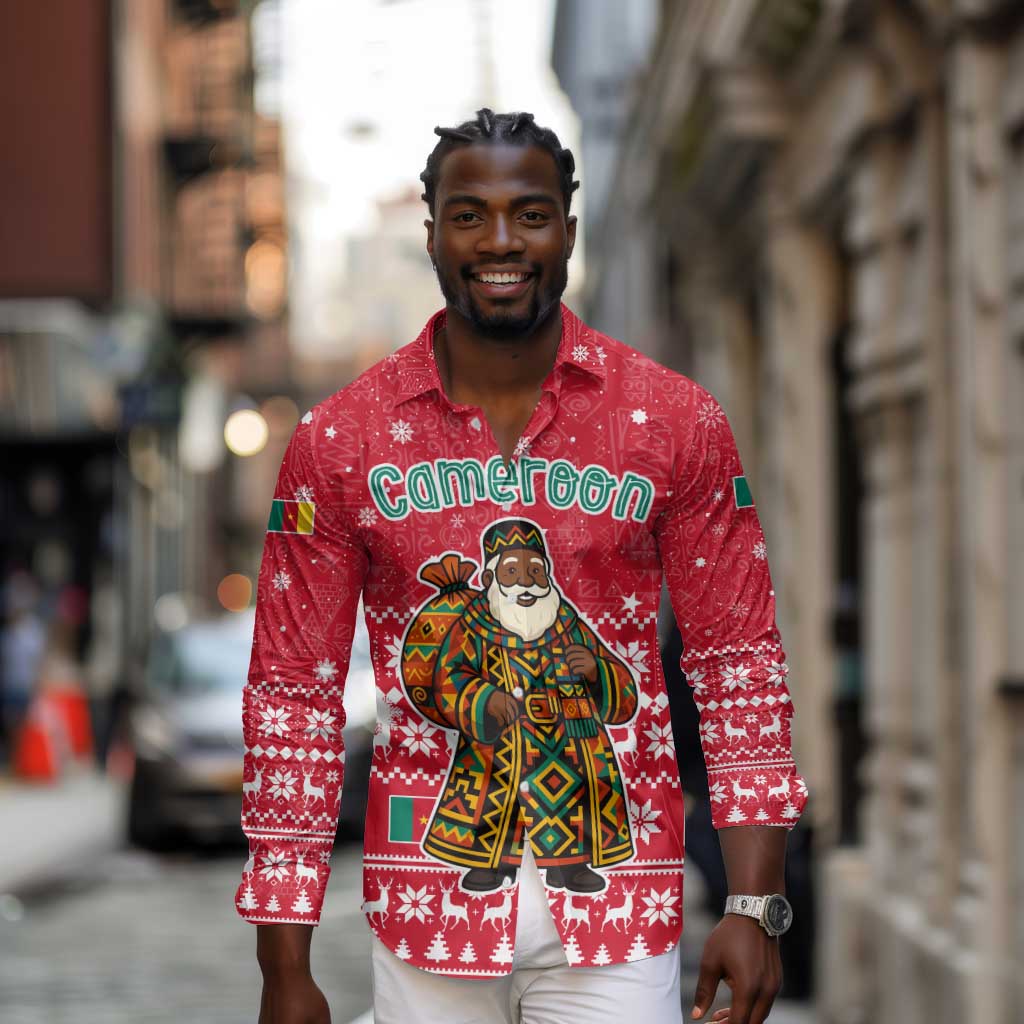 Cameroon Christmas Long Sleeve Button Shirt Snowflake Pattern Traditional Santa and Map Motif - African Pride