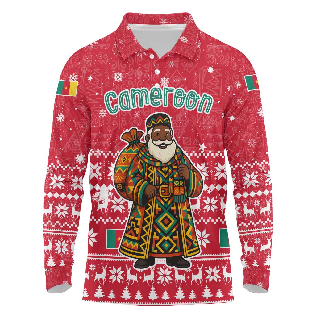 Cameroon Christmas Long Sleeve Polo Shirt Snowflake Pattern Traditional Santa and Map Motif - African Pride