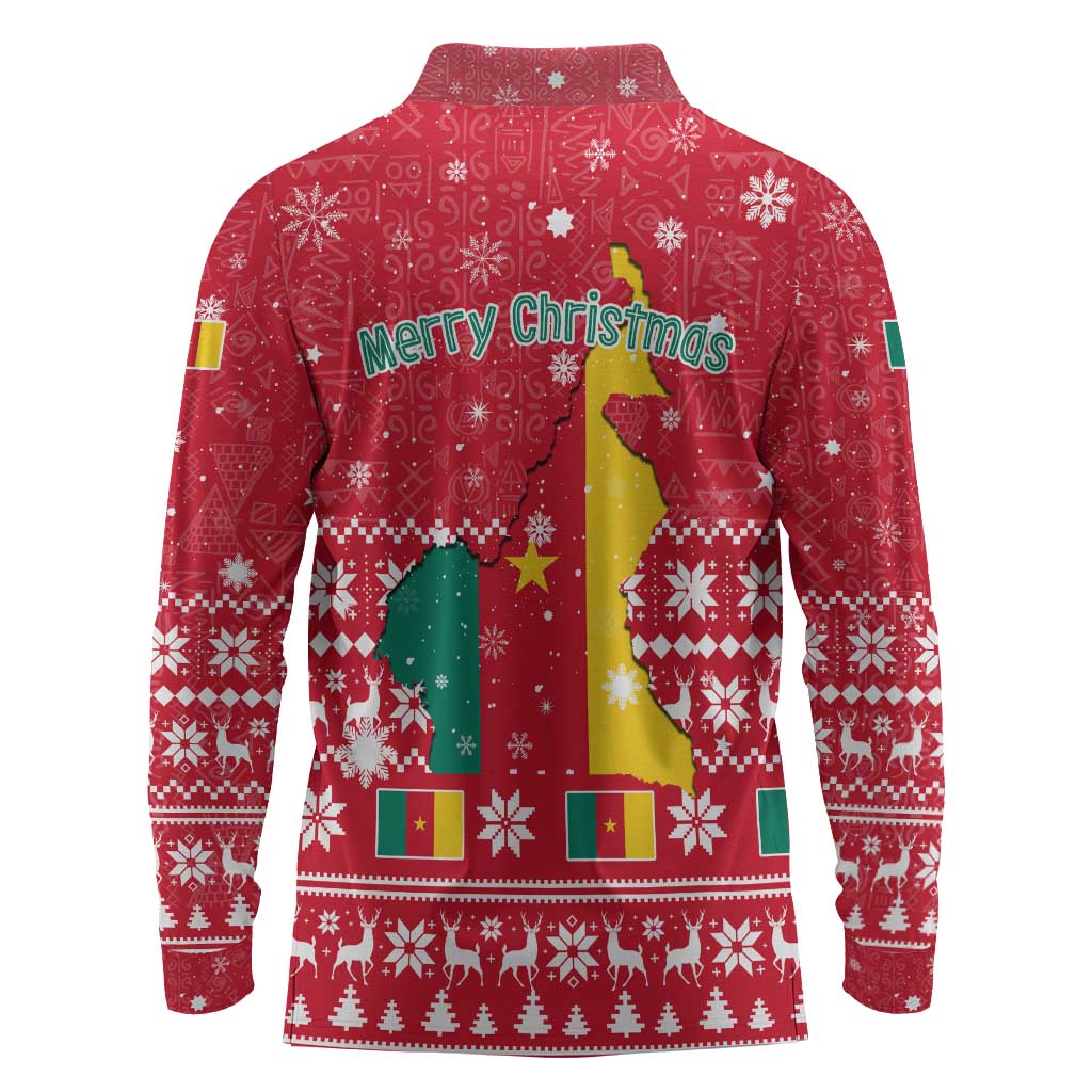 Cameroon Christmas Long Sleeve Polo Shirt Snowflake Pattern Traditional Santa and Map Motif - African Pride