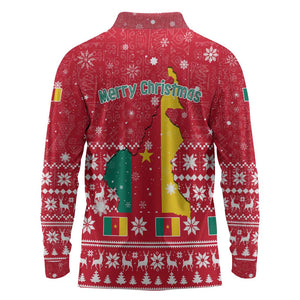 Cameroon Christmas Long Sleeve Polo Shirt Snowflake Pattern Traditional Santa and Map Motif - African Pride