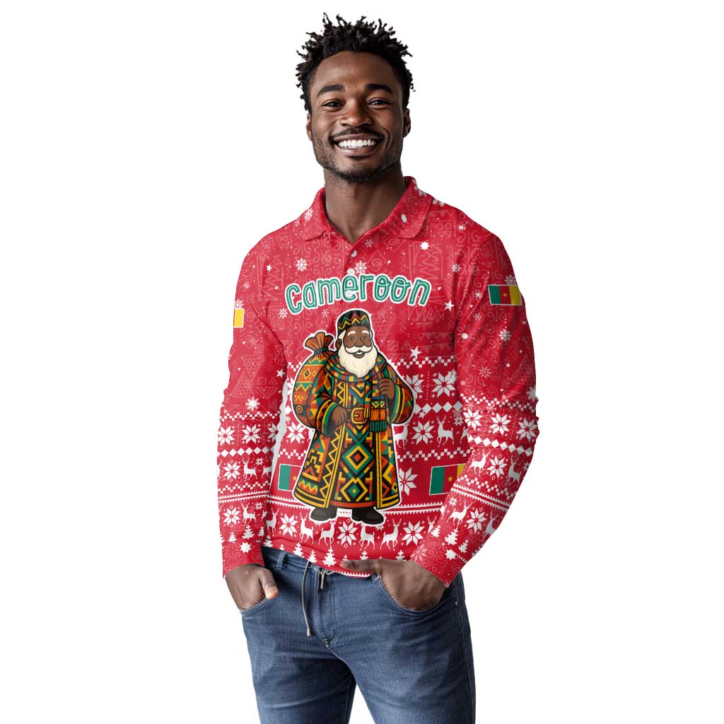 Cameroon Christmas Long Sleeve Polo Shirt Snowflake Pattern Traditional Santa and Map Motif - African Pride