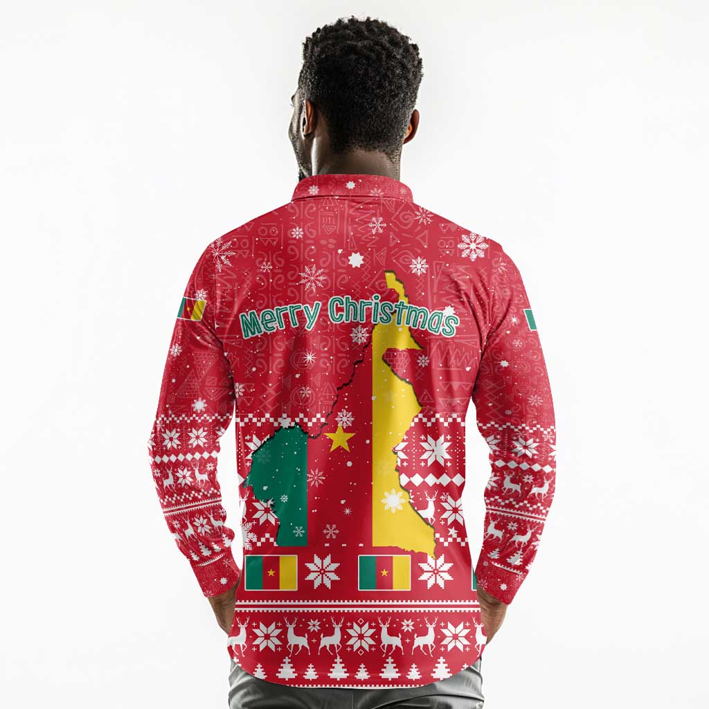 Cameroon Christmas Long Sleeve Polo Shirt Snowflake Pattern Traditional Santa and Map Motif - African Pride