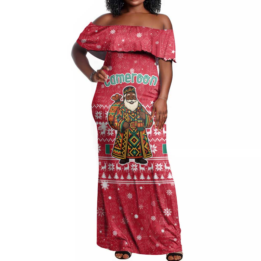 Cameroon Christmas Off Shoulder Maxi Dress Snowflake Pattern Traditional Santa and Map Motif - African Pride