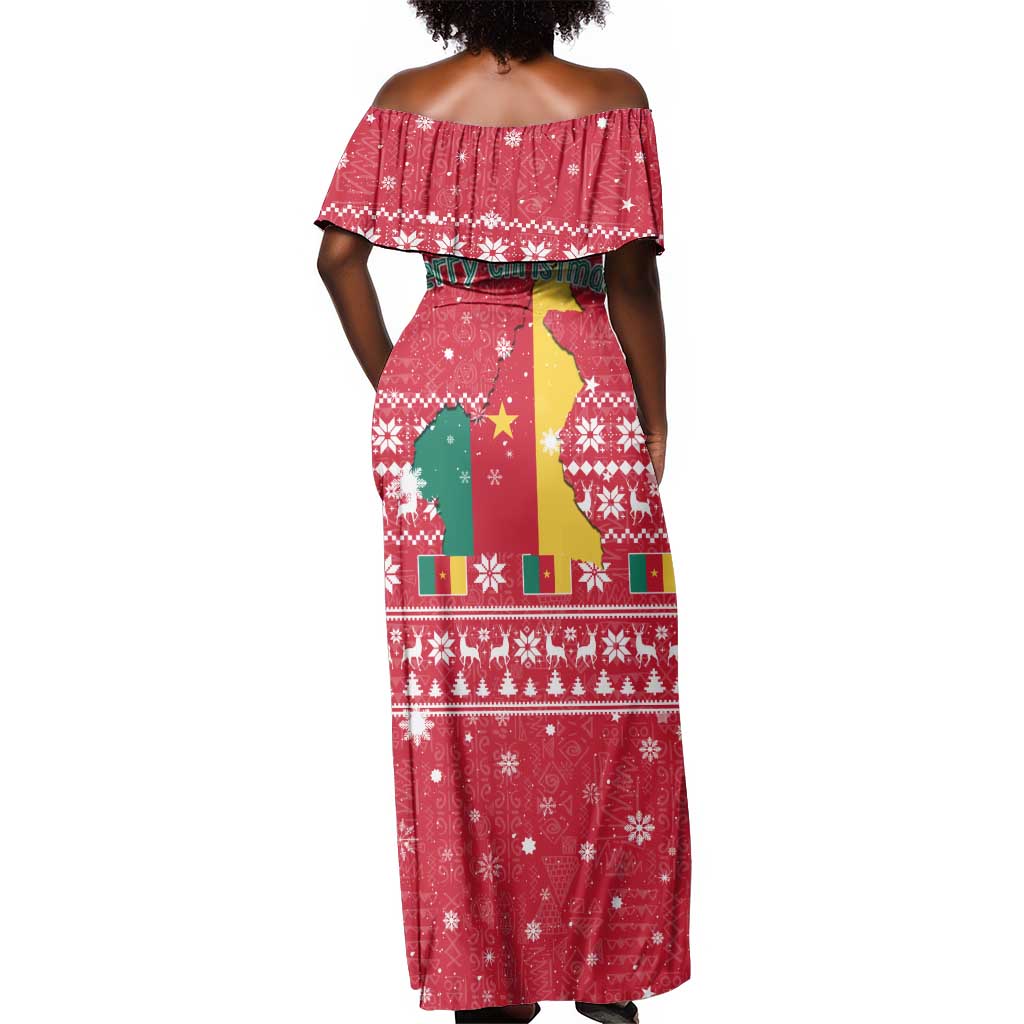 Cameroon Christmas Off Shoulder Maxi Dress Snowflake Pattern Traditional Santa and Map Motif - African Pride