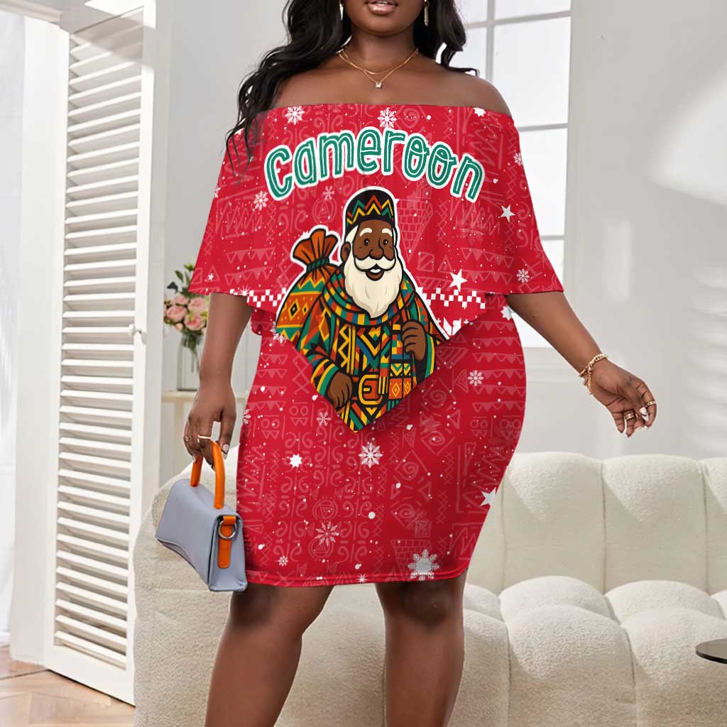 Cameroon Christmas Off Shoulder Short Dress Snowflake Pattern Traditional Santa and Map Motif - African Pride