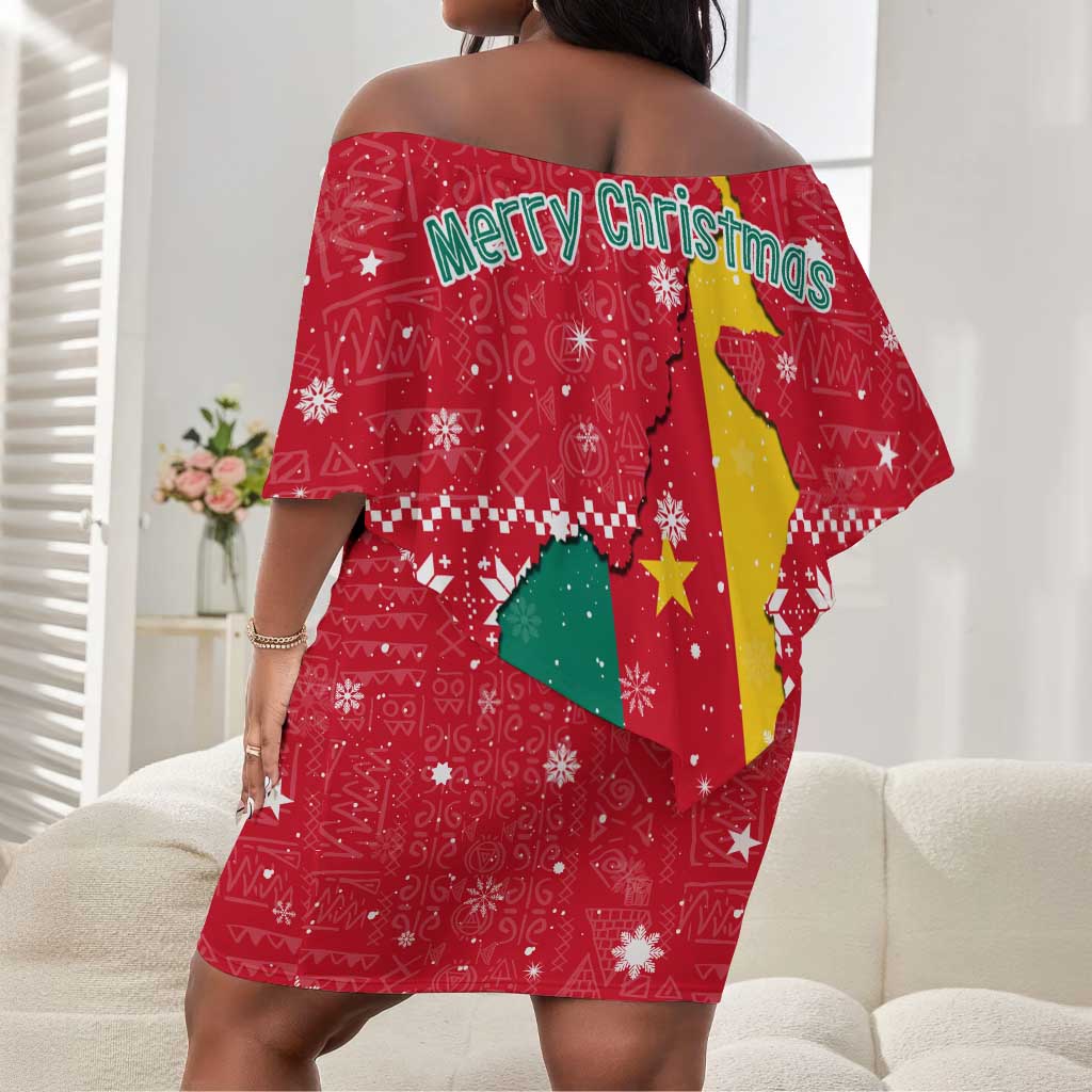 Cameroon Christmas Off Shoulder Short Dress Snowflake Pattern Traditional Santa and Map Motif - African Pride