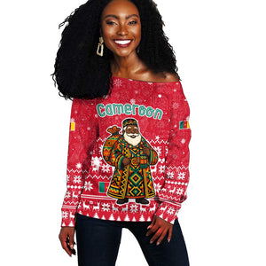 Cameroon Christmas Off Shoulder Sweater Snowflake Pattern Traditional Santa and Map Motif - African Pride
