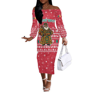 Cameroon Christmas Off The Shoulder Long Sleeve Dress Snowflake Pattern Traditional Santa and Map Motif - African Pride