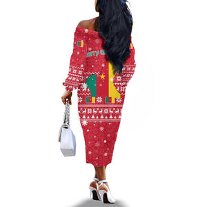 Cameroon Christmas Off The Shoulder Long Sleeve Dress Snowflake Pattern Traditional Santa and Map Motif - African Pride