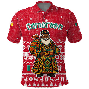 Cameroon Christmas Polo Shirt Snowflake Pattern Traditional Santa and Map Motif - African Pride