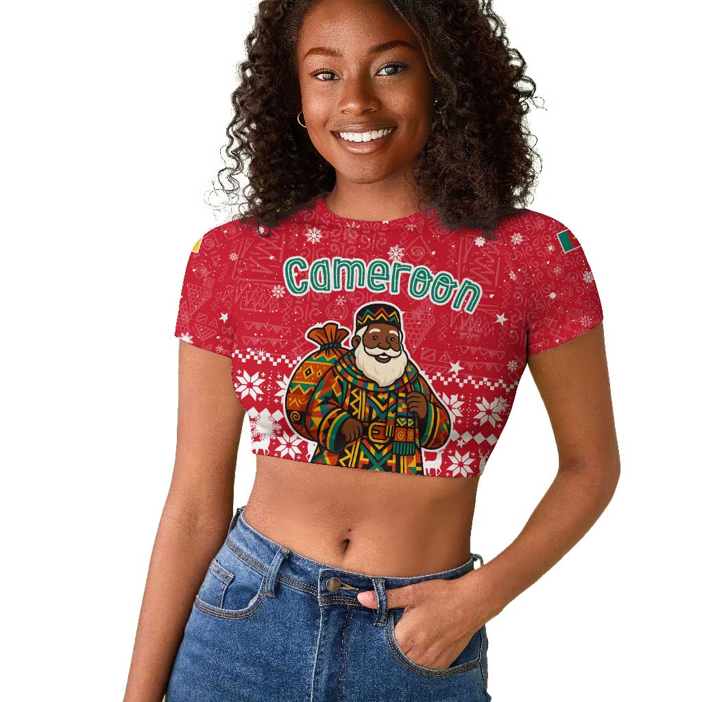 Cameroon Christmas Raglan Cropped T shirt Snowflake Pattern Traditional Santa and Map Motif - African Pride