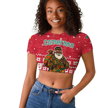 Cameroon Christmas Raglan Cropped T shirt Snowflake Pattern Traditional Santa and Map Motif - African Pride
