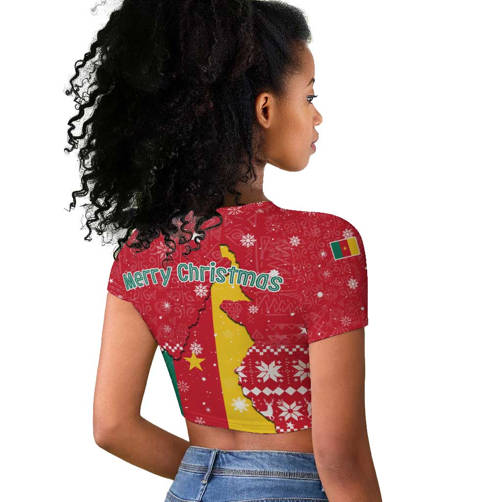 Cameroon Christmas Raglan Cropped T shirt Snowflake Pattern Traditional Santa and Map Motif - African Pride