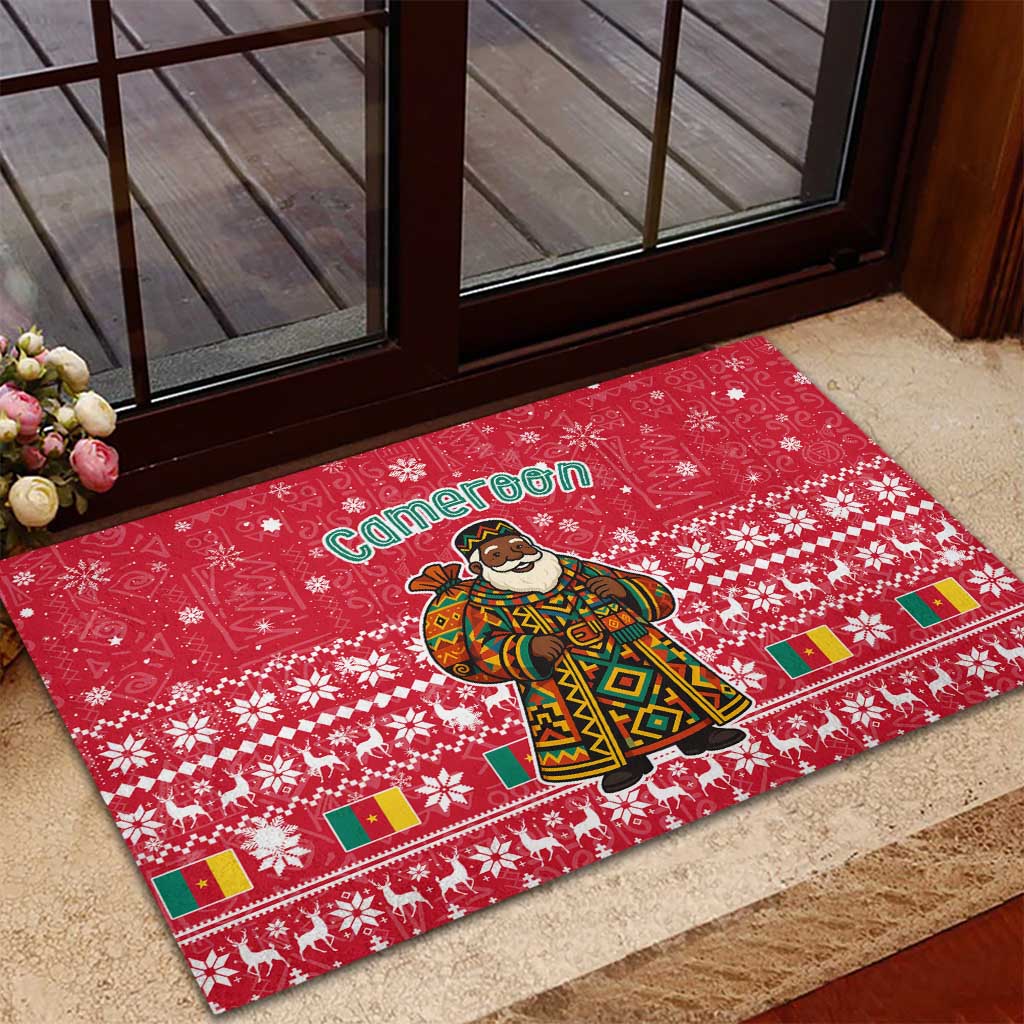 Cameroon Christmas Rubber Doormat Snowflake Pattern Traditional Santa and Map Motif - African Pride