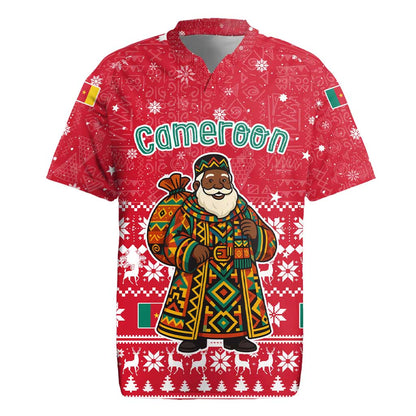Cameroon Christmas Rugby Jersey Snowflake Pattern Traditional Santa and Map Motif - African Pride