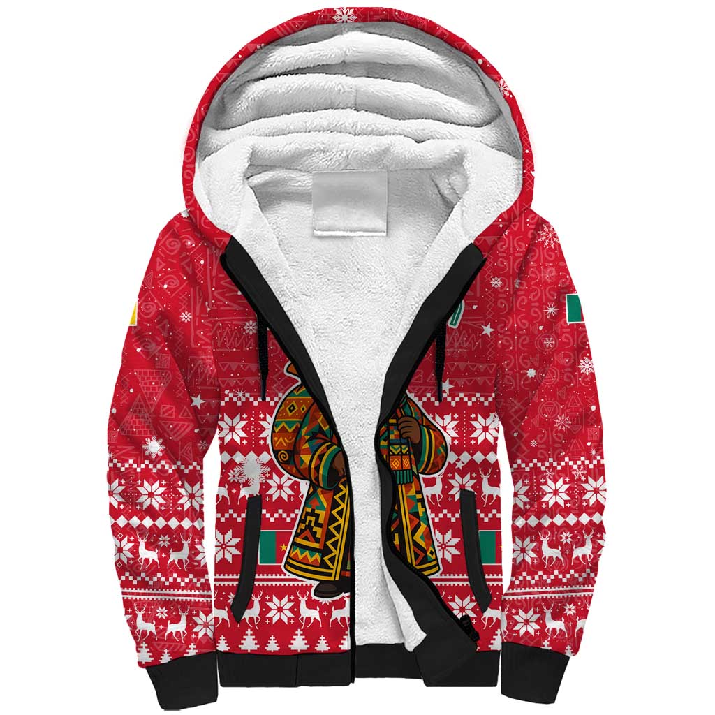 Cameroon Christmas Sherpa Hoodie Snowflake Pattern Traditional Santa and Map Motif - African Pride