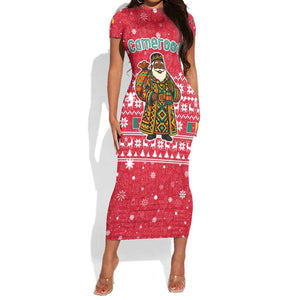 Cameroon Christmas Short Sleeve Bodycon Dress Snowflake Pattern Traditional Santa and Map Motif - African Pride