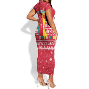Cameroon Christmas Short Sleeve Bodycon Dress Snowflake Pattern Traditional Santa and Map Motif - African Pride