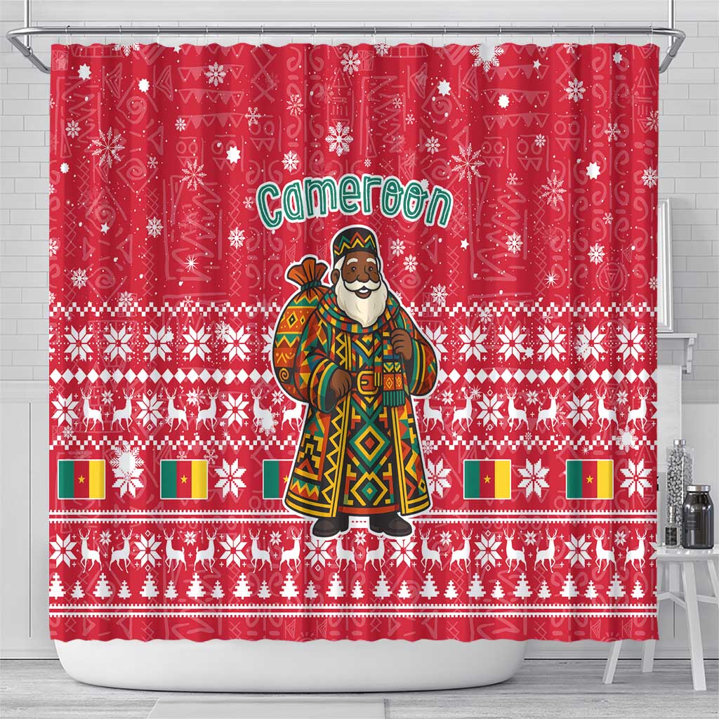 Cameroon Christmas Shower Curtain Snowflake Pattern Traditional Santa and Map Motif - African Pride