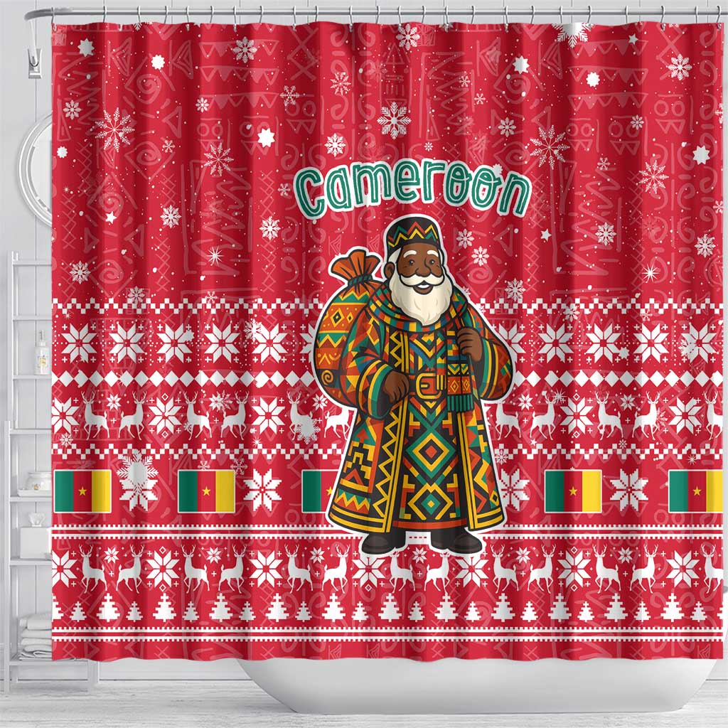 Cameroon Christmas Shower Curtain Snowflake Pattern Traditional Santa and Map Motif - African Pride
