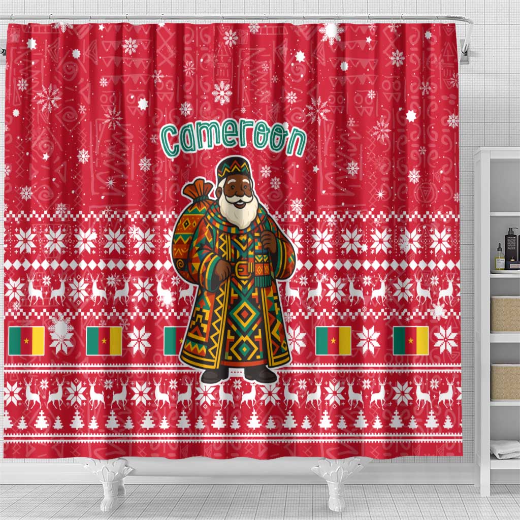 Cameroon Christmas Shower Curtain Snowflake Pattern Traditional Santa and Map Motif - African Pride