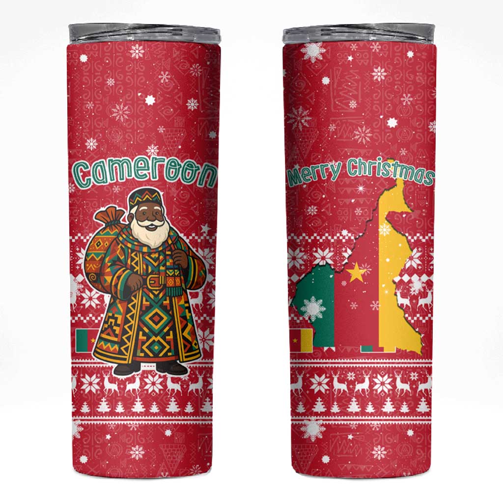 Cameroon Christmas Skinny Tumbler Snowflake Pattern Traditional Santa and Map Motif - African Pride