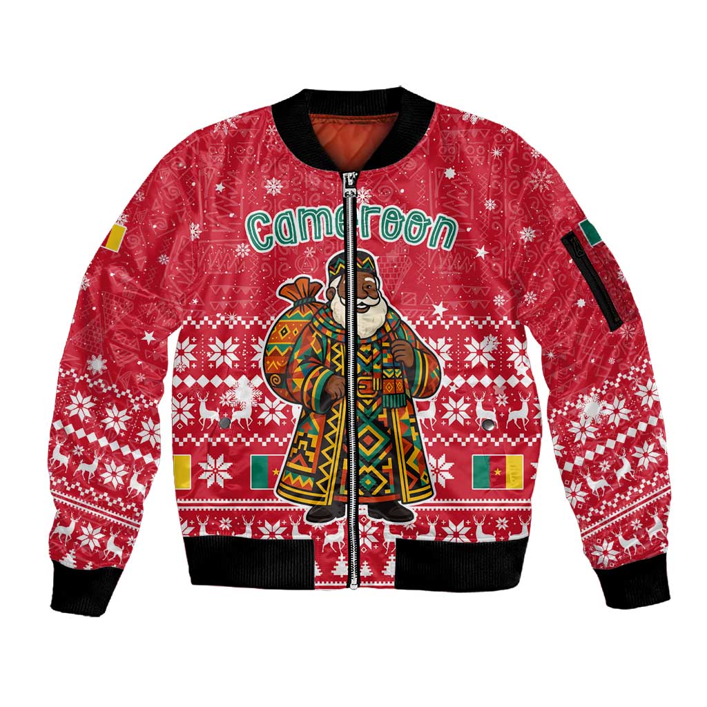 Cameroon Christmas Sleeve Zip Bomber Jacket Snowflake Pattern Traditional Santa and Map Motif - African Pride