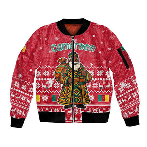 Cameroon Christmas Sleeve Zip Bomber Jacket Snowflake Pattern Traditional Santa and Map Motif - African Pride