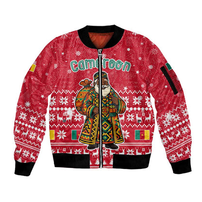 Cameroon Christmas Sleeve Zip Bomber Jacket Snowflake Pattern Traditional Santa and Map Motif - African Pride