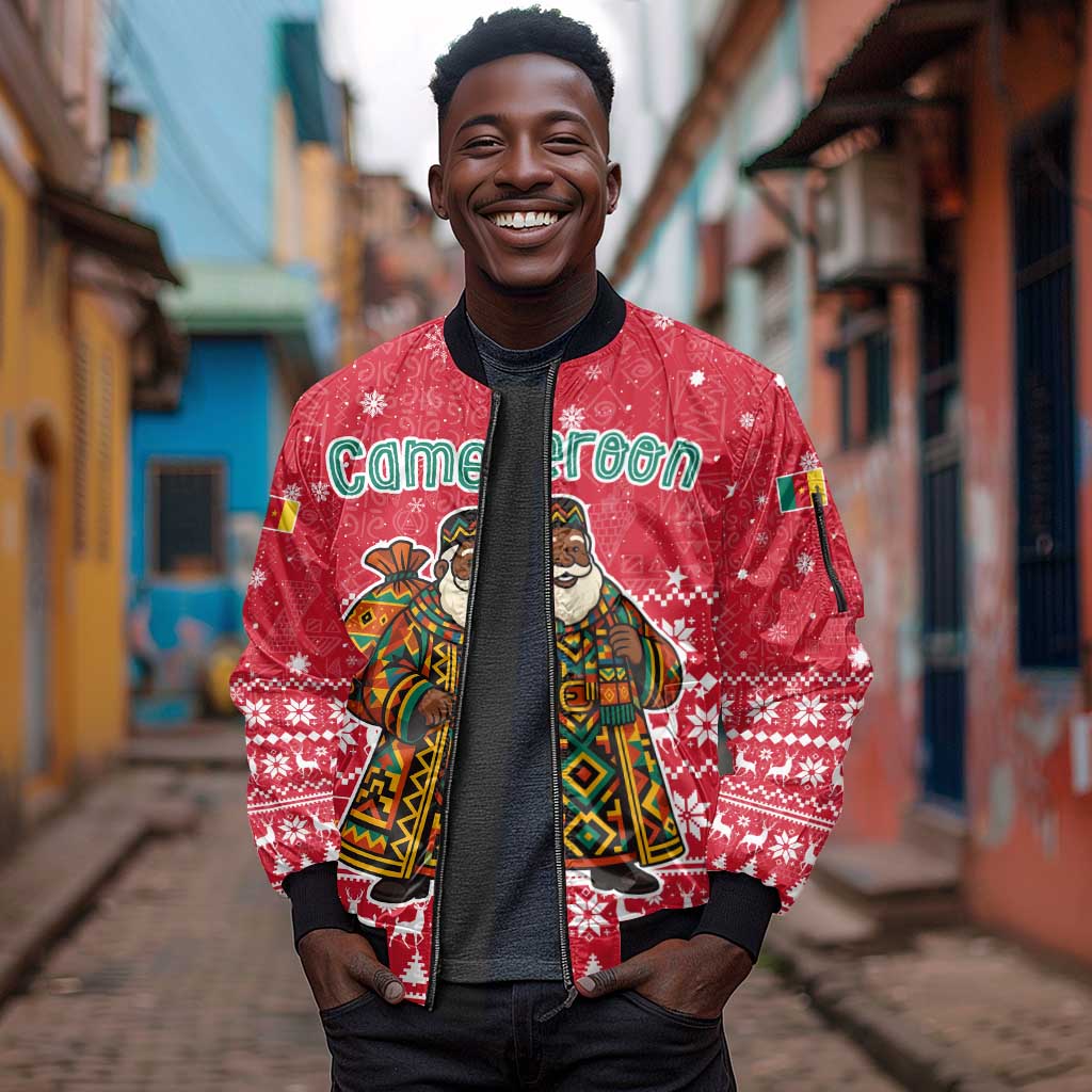 Cameroon Christmas Sleeve Zip Bomber Jacket Snowflake Pattern Traditional Santa and Map Motif - African Pride