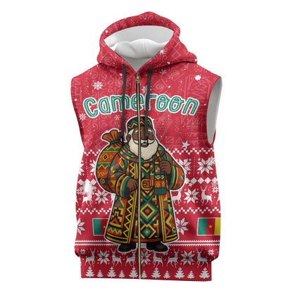 Cameroon Christmas Sleeveless Zip Hoodie Snowflake Pattern Traditional Santa and Map Motif - African Pride