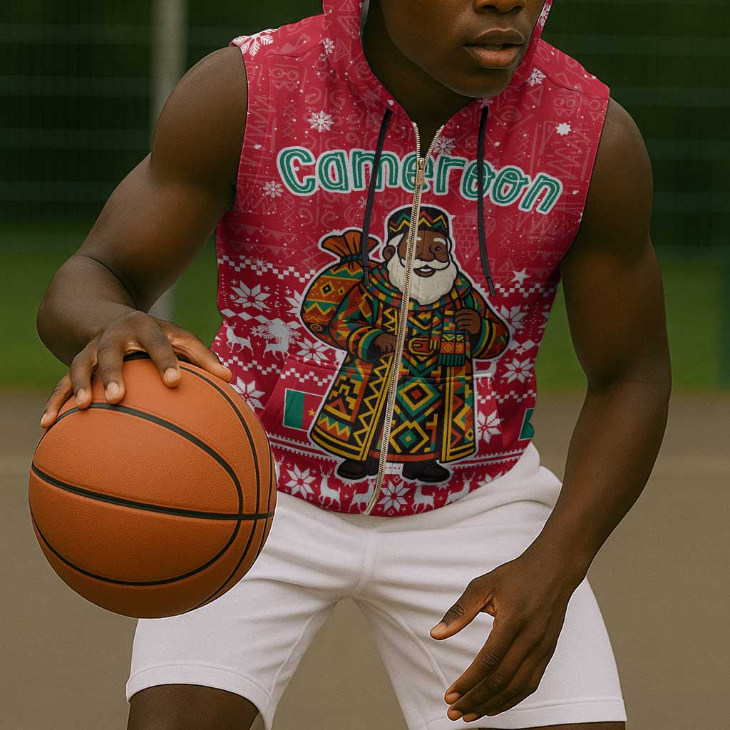 Cameroon Christmas Sleeveless Zip Hoodie Snowflake Pattern Traditional Santa and Map Motif - African Pride