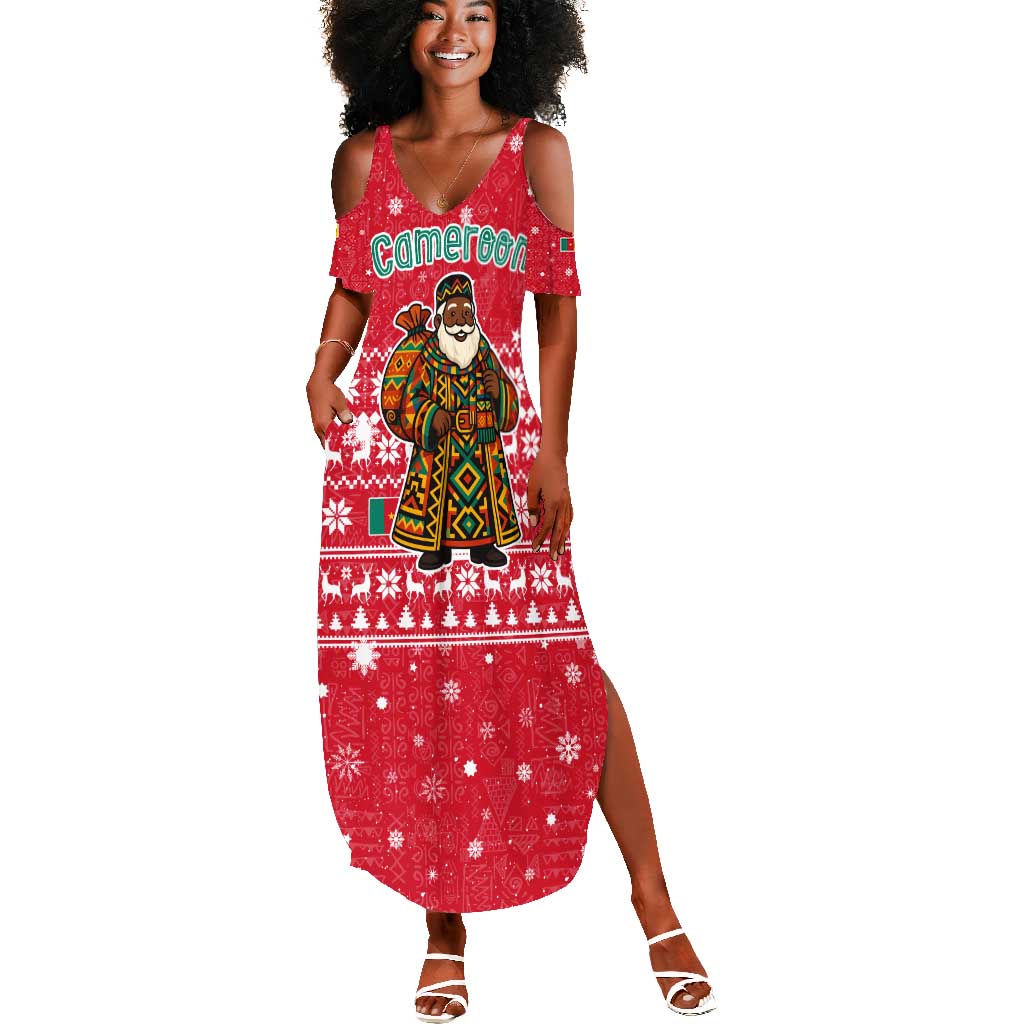 Cameroon Christmas Summer Maxi Dress Snowflake Pattern Traditional Santa and Map Motif - African Pride