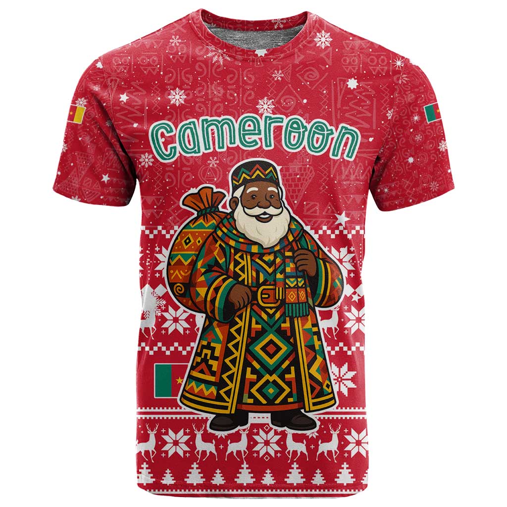 Cameroon Christmas T shirt Snowflake Pattern Traditional Santa and Map Motif - African Pride