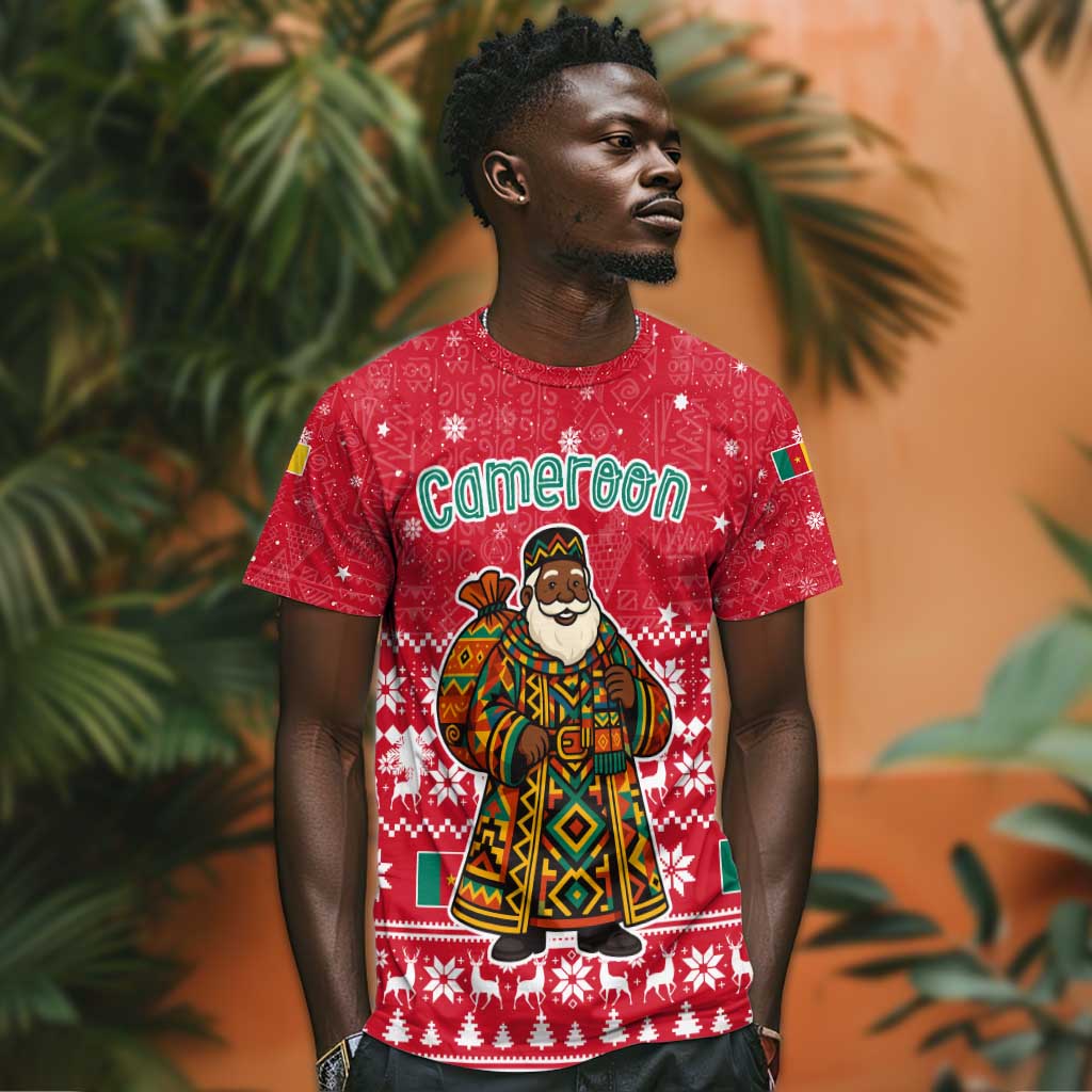 Cameroon Christmas T shirt Snowflake Pattern Traditional Santa and Map Motif - African Pride