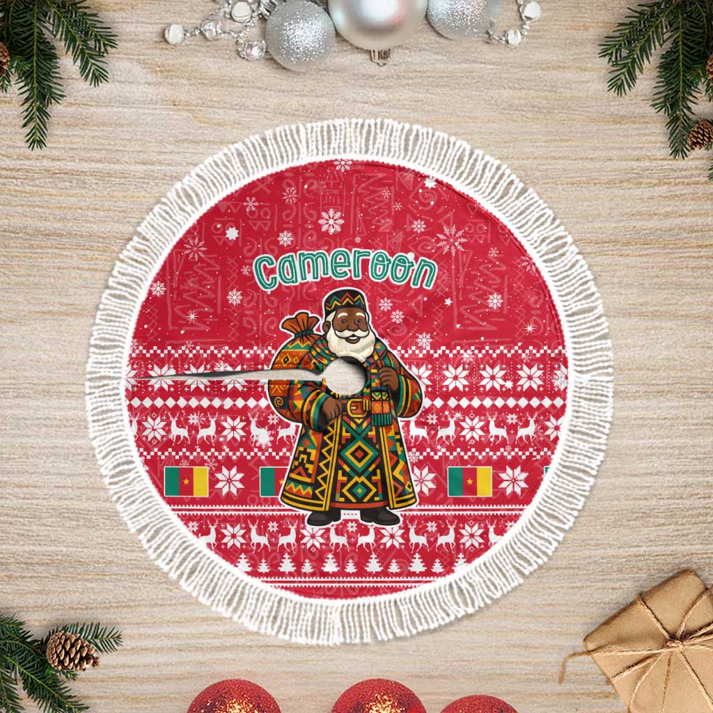 Cameroon Christmas Tree Skirt Snowflake Pattern Traditional Santa and Map Motif - African Pride