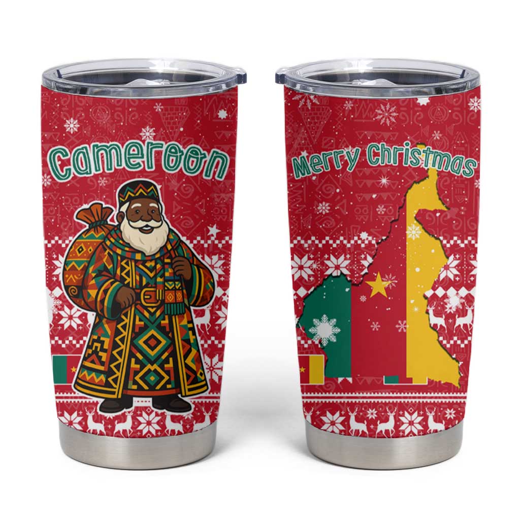 Cameroon Christmas Tumbler Cup Snowflake Pattern Traditional Santa and Map Motif - African Pride
